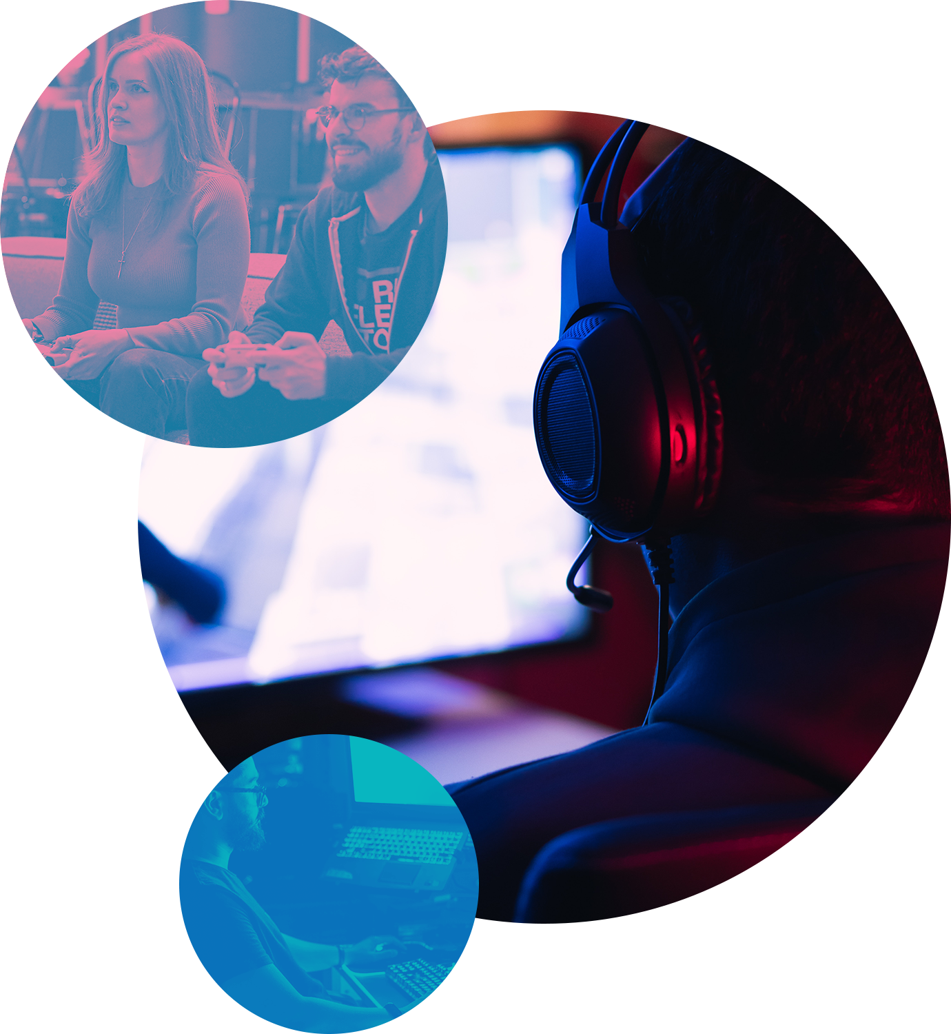 Employé.e.s de Reflector jouent à des jeux vidéo pendant que deux développeurs de jeux vidéo travaillent sur leurs ordinateurs